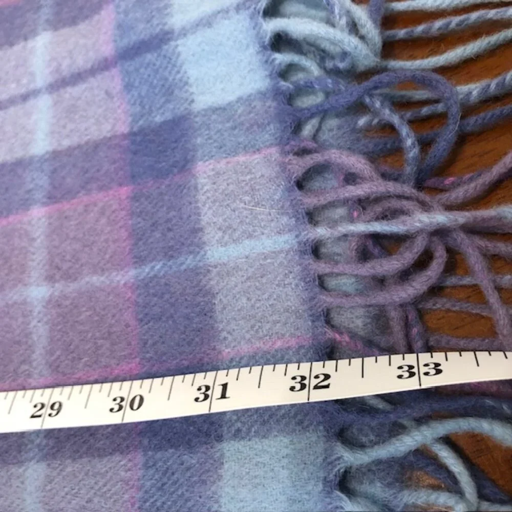James Pringle Weavers Scotland Hand Crafted Purple Blue Plaid Wool Scarf NWT.